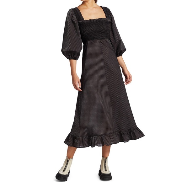 NWT 🖤 GANNI Seesucker Puff-Sleeve Midi Dress - Picture 6 of 12